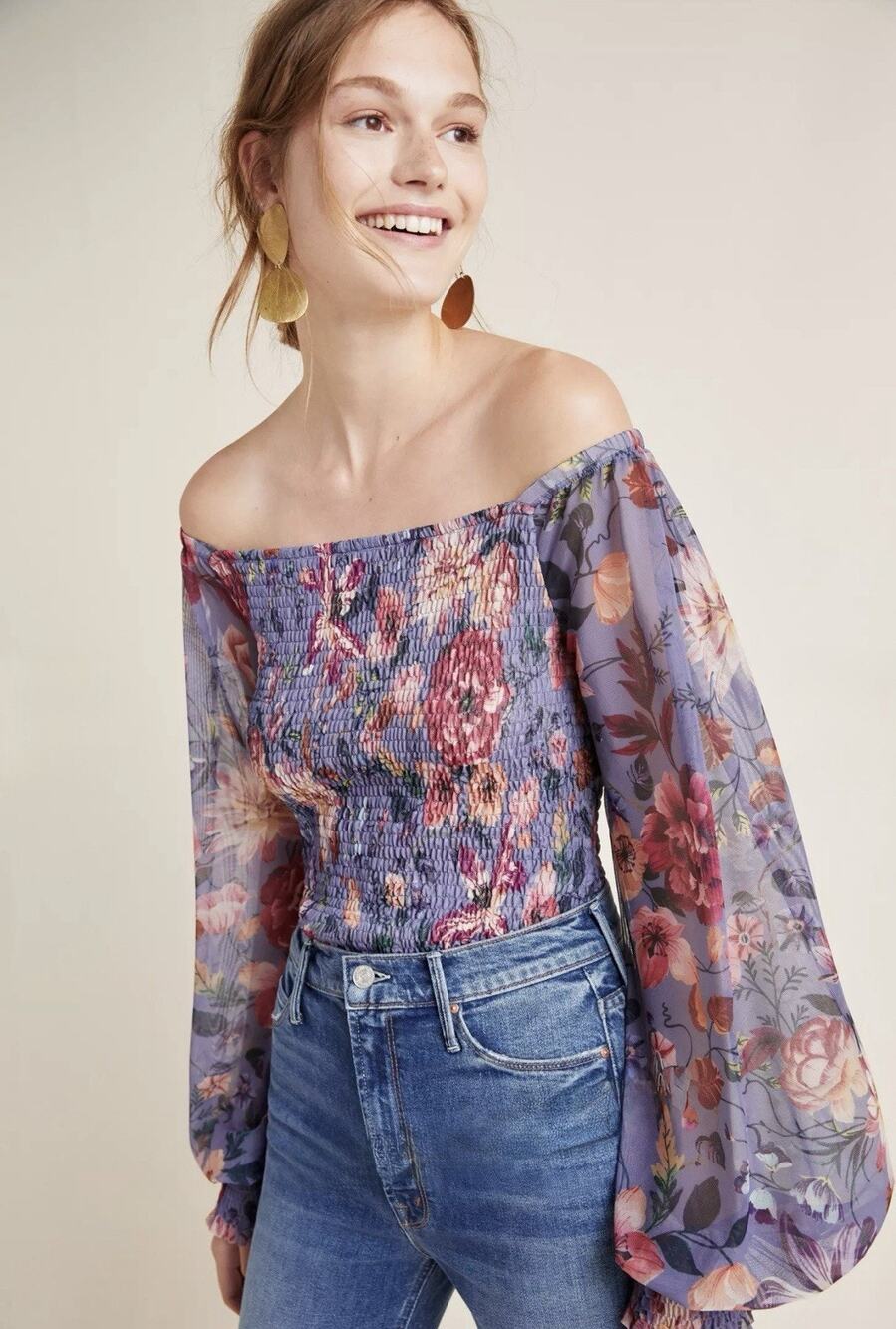 Anthropologie Rouen Top — XS Purple Floral Sheer Balloon Sleeve Smocked Romantic
